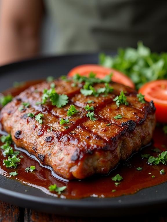 Close-up image of grilled meat served with fresh tomatoes and cilantro garnish on a dark plate