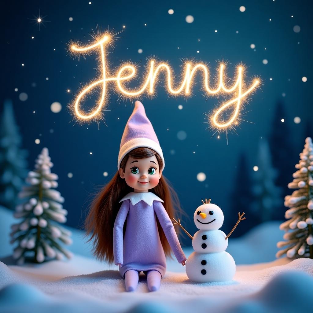 A whimsical image featuring a lilac-colored Elf on the Shelf girl with long brown hair and green eyes. She is set against a magical snowy woodland backdrop at night. Beside her is a cheerful snowman. The name 'Jenny' is artistically rendered in sparkling lights in the starry sky above. The scene captures a festive and enchanting holiday atmosphere, perfect for welcoming the joys of winter. This illustration connects with the theme of imagination and holiday magic, making it ideal for children's products or festive decor.