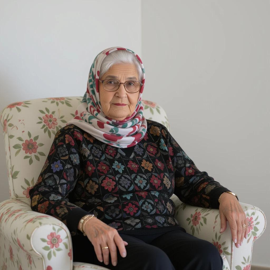 Image of an elderly woman wearing a colorful headscarf and floral sweater. She sits comfortably on a patterned chair. The background is simple and uncluttered. A sense of serenity is present.