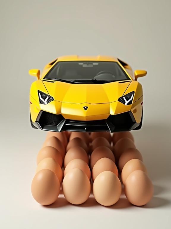 A bright yellow Lamborghini Aventador balanced on a grid of upright chicken eggs. The car is perfectly stable above the eggs without cracks. The scene showcases high detail and realistic shadows. The lighting is photorealistic and the angle is dramatic, creating a surreal yet believable composition.