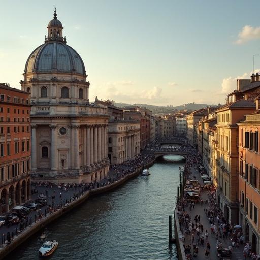 A scenic view of Rome during the golden hour with a prominent dome structure beside a lively river. People walking along the shore.
