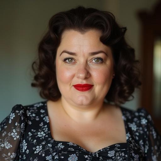 Chubby housewife in her 40s with wrinkles. Hairstyle from the 1950s. Big red lips. Wearing a vintage black and blue floral dress. Portrait with an intense glance. Brunette with green eyes.