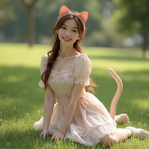 Elegant woman in late 30s poses playfully on all fours in peaceful park. She wears tasteful cat-themed outfit in soft pastel colors. A delicate cat ears headband and ribboned choker with tiny bell enhance her outfit. Subtle paw-print embroidery decorates her skirt. A decorative cat tail is attached to her outfit. Long chestnut hair is styled in a braided low bun. She has a warm smile and porcelain-smooth skin. The scene is surrounded by soft grass and dappled sunlight. The lighting is cinematic and the artwork has a realistic, painterly style.