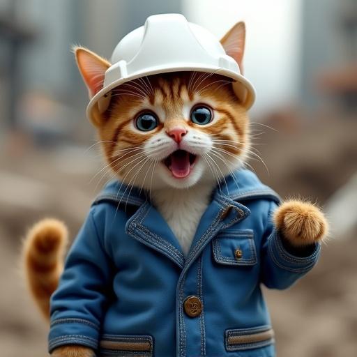 Semi-realistic cat in white hard hat and blue work jacket. Cat has surprised face with wide open eyes and agape mouth. Cat standing upright in construction zone. Tail curled up and paw raised.