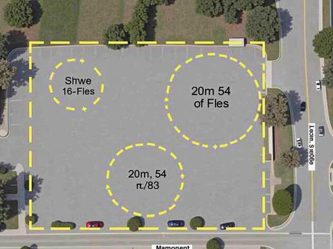 The image shows an aerial view of a parking lot with marked dimensions. There are two circular areas drawn, with a diameter of 58 feet and a distance of 23 feet from the edge. The bottom right area has dimensions of 54 feet by 66 feet, also illustrated with straight lines. The text indicates that the patching area covers approximately 3,500 square feet. Additionally, the street labeled on the image is Locust Street, and several cars can be seen parked in the lot.