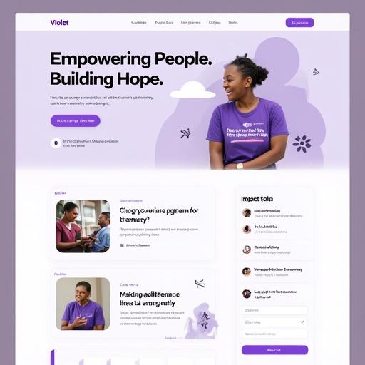 Web design for Violet Nonprofit. Includes header with logo and navigation links. Hero section features a headline about empowerment. Contains an introduction to the mission and programs. Highlights key statistics and testimonials. Footer includes contact information and social links. Modern and accessible design with purple color scheme.
