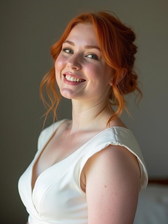 A young woman stands in a soft light. She wears a white wedding dress. Her red hair is styled and framed softly. The focus is on her happy demeanor and joyful pose. The image highlights her shoulder and neckline. She offers a playful and charming expression.