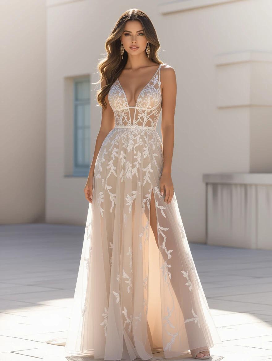 A woman in a long low-cut dress with intricate designs. The dress is flowing and delicate showing elegance.