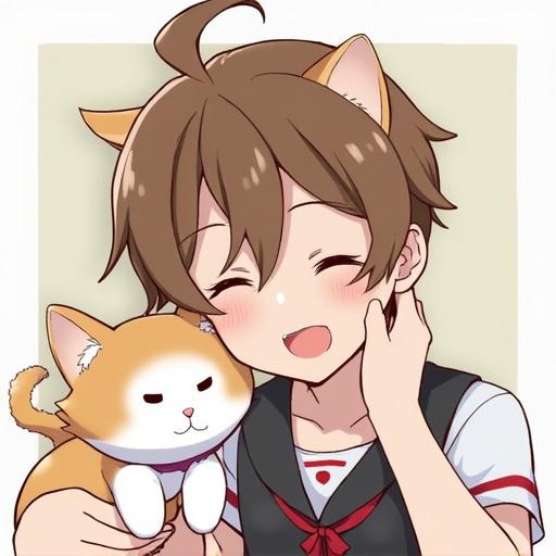 A boy with brown hair interacts happily with a cat. The boy has an anime style with a cheerful expression. Cat looks content in the boy's arms. Both are adorable and exhibit a playful theme.