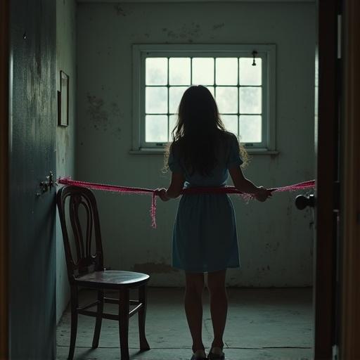 A girl stands in a dark room with a slumped posture. She holds a string connected to a chair, totaling her confinement. The room is dimly lit with peeling walls. A single window shows a hint of daylight. A vintage chair sits in front of her. The atmosphere is tense and dramatic.