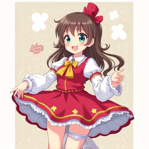 Anime character in a cute dress. Character has a big smile and green eyes. Long brown hair tied with red ribbon. Character is in a playful pose, showing skirt. Background is soft beige with simple shapes.