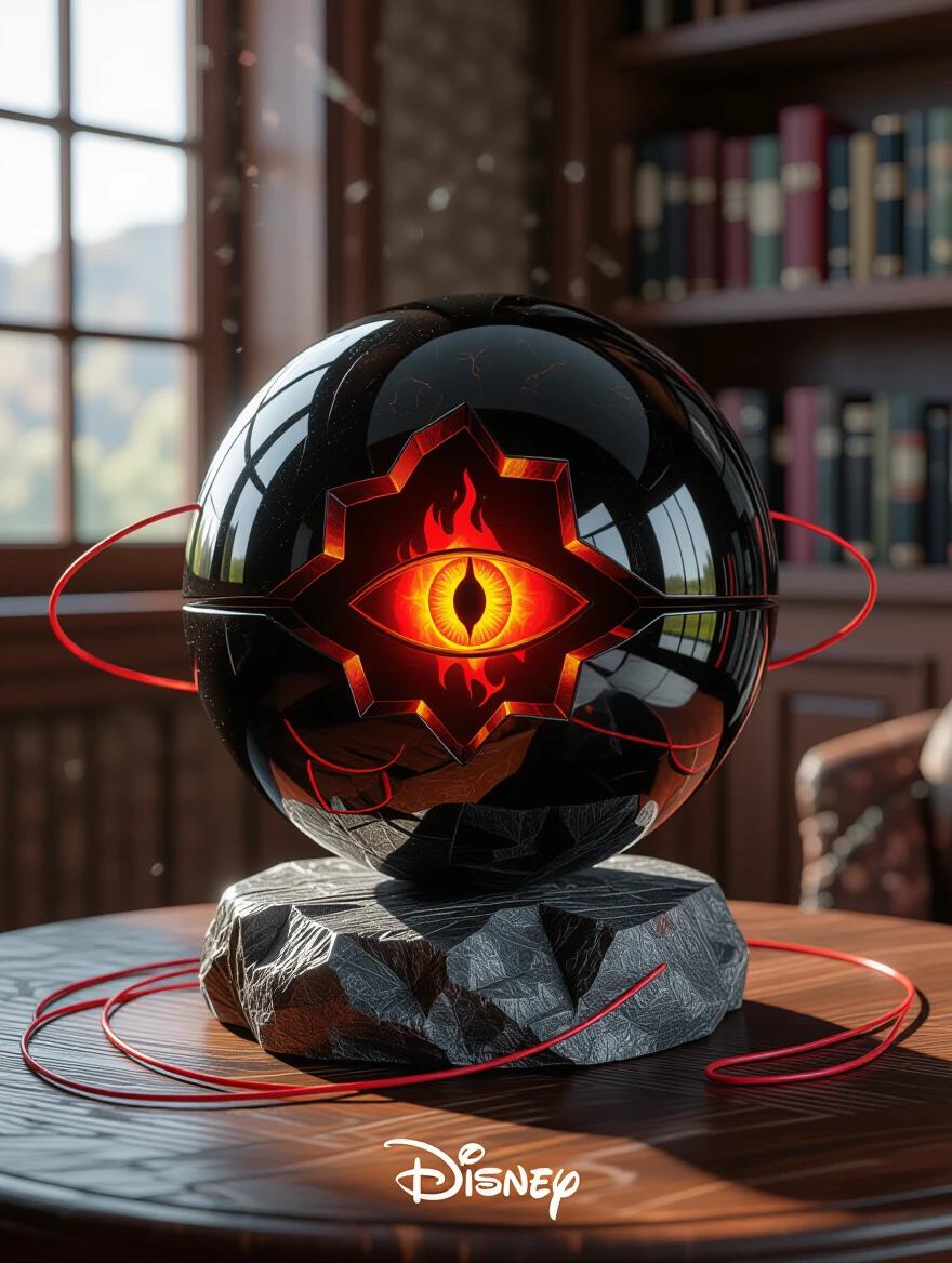 A black palantir crystal ball on a stone table. Inside is a prominent red fire of Sauron’s eye. 3D Disney V-shaped red strings visible. Hyperdetailed artwork in 8k resolution.