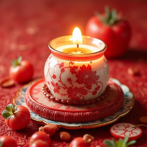 A lit decorative candle on a red table with small tomatoes around it. The candle is in an ornate holder emphasizing warmth and beauty. A cozy atmosphere is created with soft lighting highlighting the details.