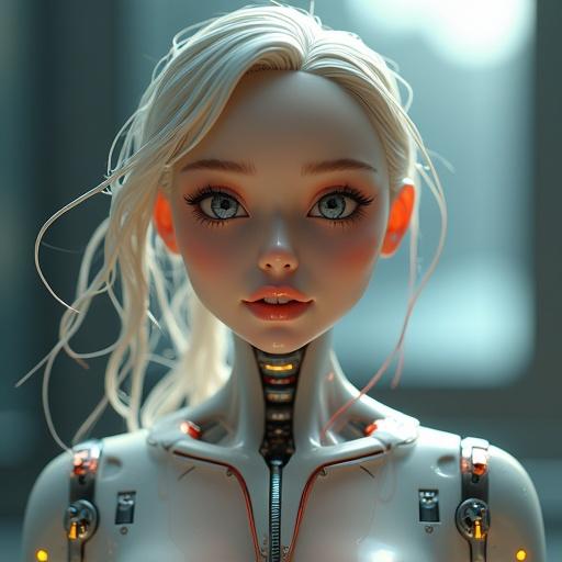 A woman resembling a doll with enhanced features. Emphasis on the smile and eyes. Soft and polished appearance. Half robot with mechanical and neon wires features.
