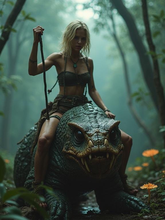 A battle-worn young happy warrior sits on a grotesque octopus-like reptilian creature in a jungle mist. She wears ragged clothing and displays determination. Sweat trickles down her skin as she grips the reins tightly. The glow of bioluminescent fungi illuminates her face.