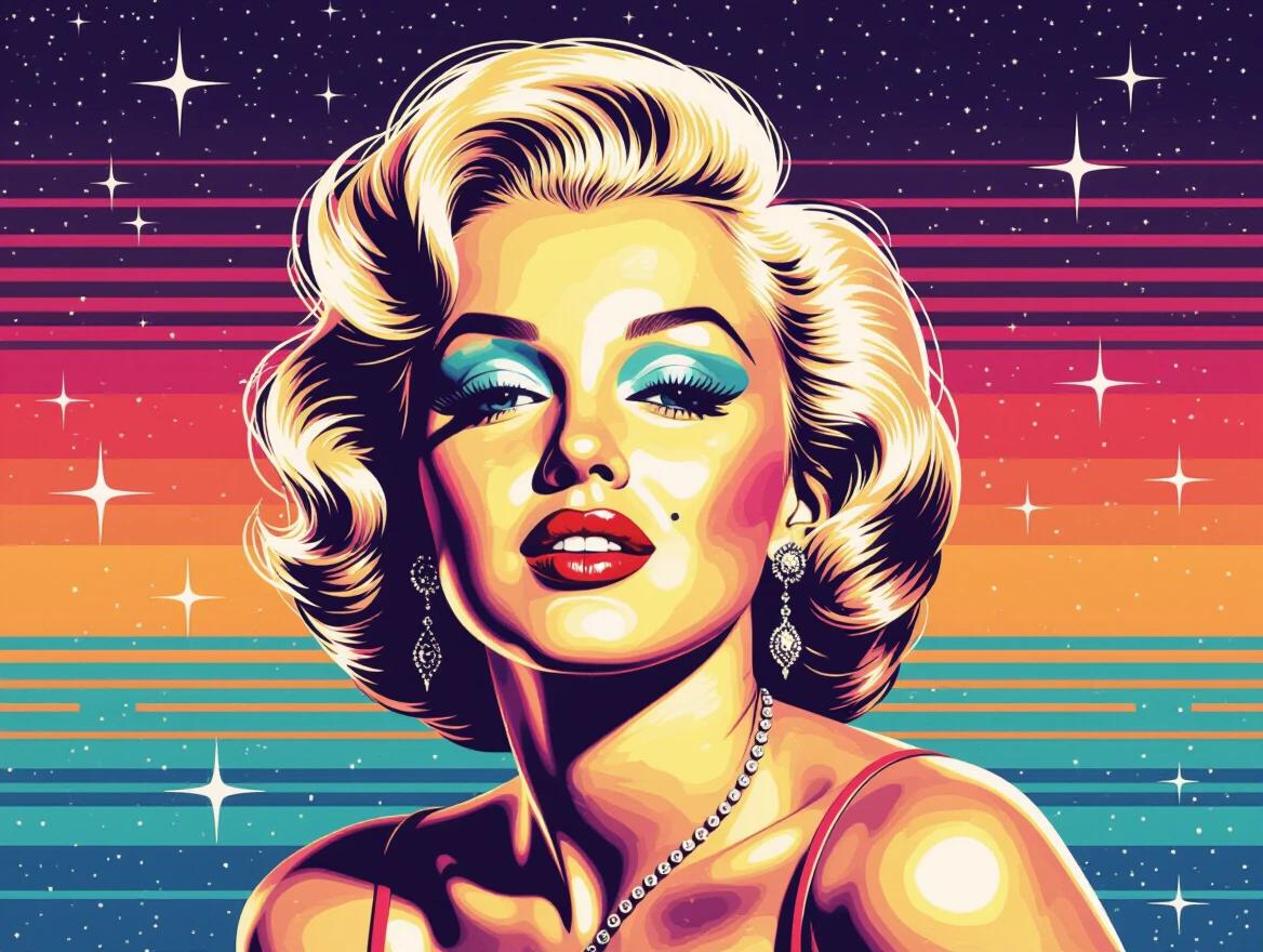 Stylized portrait of Marilyn Monroe in retrowave art style. Vibrant colors create a retro aesthetic. Neon glow with a starry background. Represents 1970s pop culture.