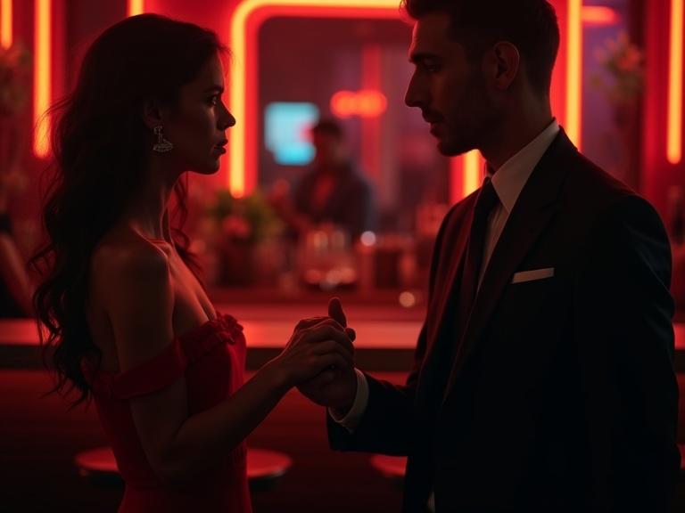 A Latina woman in a red dress holds hands with a man in a black suit. Their fingers are entwined, creating a connection. Neon lights create a warm, romantic atmosphere. The setting is a dim bar, adding to the mystery.