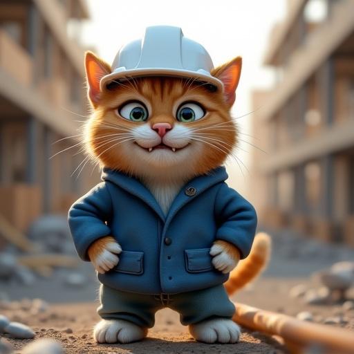 A cat represents a construction theme. Imagery shows a confident manner with a smug expression. Features include a white helmet, blue work attire, and a construction site environment. The cat demonstrates surprise with wide eyes. Fur is detailed, overall image is semi-realistic.