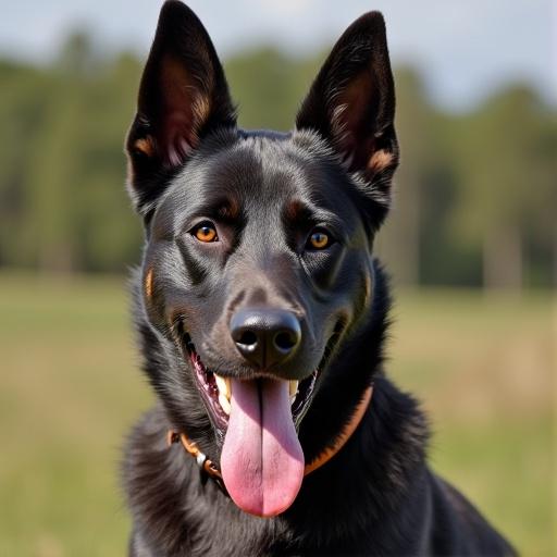 Black German Shepherd dog in a grassy field smiling with tongue out