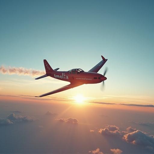 A plane in the sky creates smoke trails saying 'bravo amelia !' during sunset. Plane is flying at low angle over clouds. The colors are vibrant and warm. The scene captures the thrill of aviation.