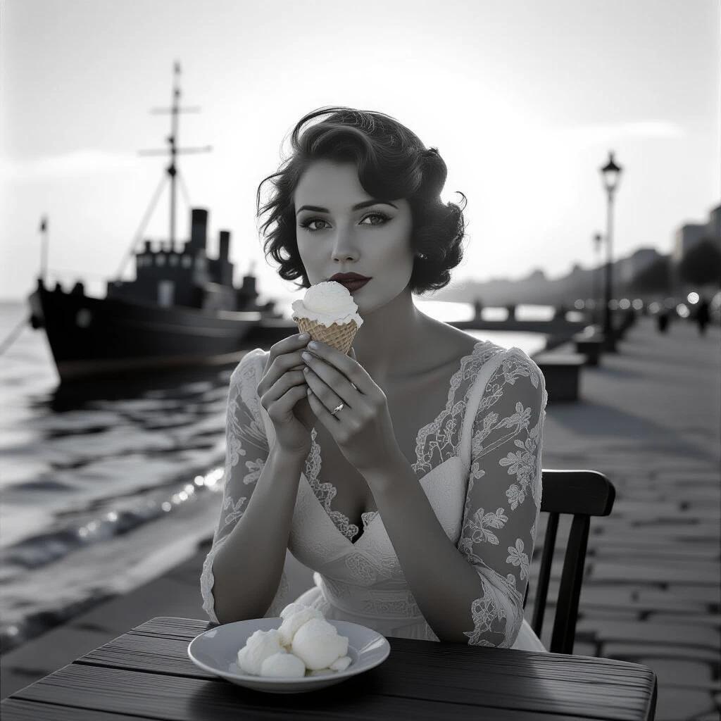 Photorealistic portrait of a woman in knee-length lace dress eating vanilla block ice cream. Scene set on Black Sea coast in 1929. Woman occupies 80% of frame. Sharp focus on hands and ice cream. Background features haze of U-boat docked at pier. Captured in high-contrast black and white with dramatic sunset light.