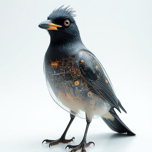 An Australian magpie with a transparent shell exhibits intricate internal circuits and components. The design appears futuristic and clean, blending realism with technology.