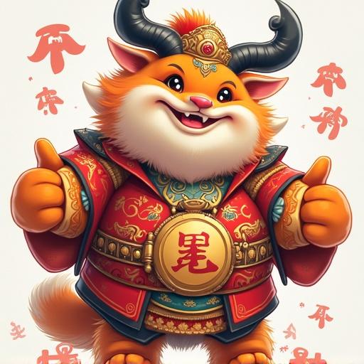 A vibrant, playful character depicted as an anthropomorphic animal. Dressed in traditional Chinese attire with ornate details. Character is cheerful and engaging, showcasing a festive theme.