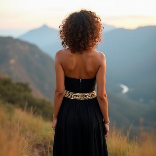 Person in black dress with gold-embellished belt and curly hair stands looking at a beautiful mountain landscape. Camera shows the back of the person. Scene has warm colors and a natural setting.