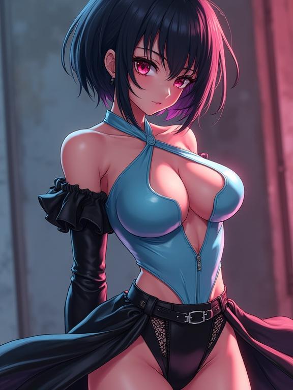 Anime character with short black hair. Wears light blue cut-out bodice and black latex outfit. Elegant with asymmetrical skirt and chain belt. Dynamic and eye-catching design. Cinematic lighting enhances aesthetic.