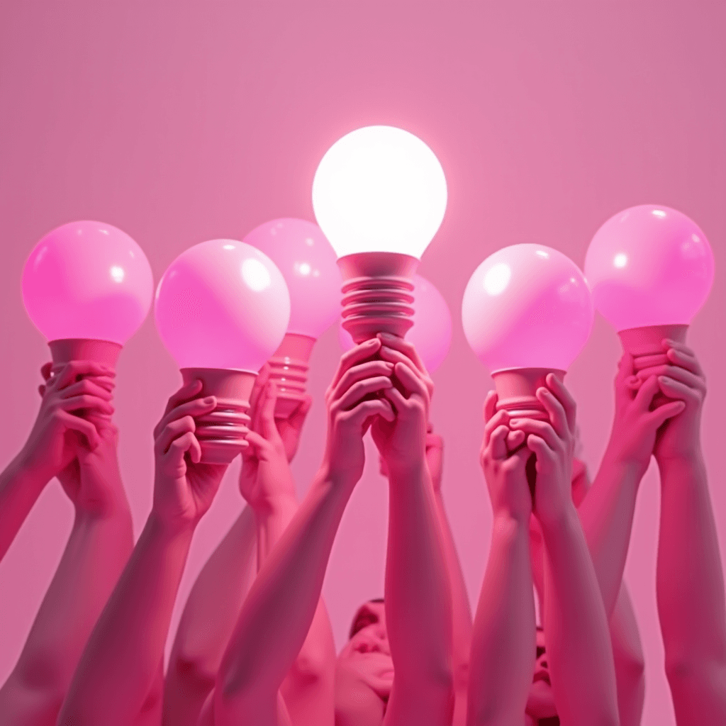 A group of hands holds up a mix of lit and unlit pink light bulbs against a pink background, symbolizing innovation and collective creativity.