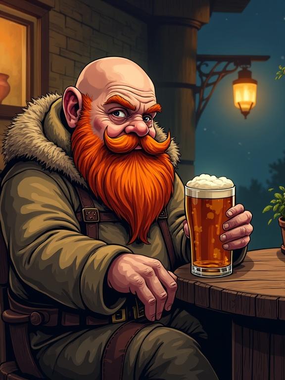 Comic-book-style digital illustration featuring an overweight dwarf with an orange beard. Dwarf is sitting at an inn drinking a glass of beer. The art is non-photorealistic with bold ink outlines and soft cel shading. Warm lighting suggests the inner light of the inn at night. Artistic shading adds to the depth while textures remain low.