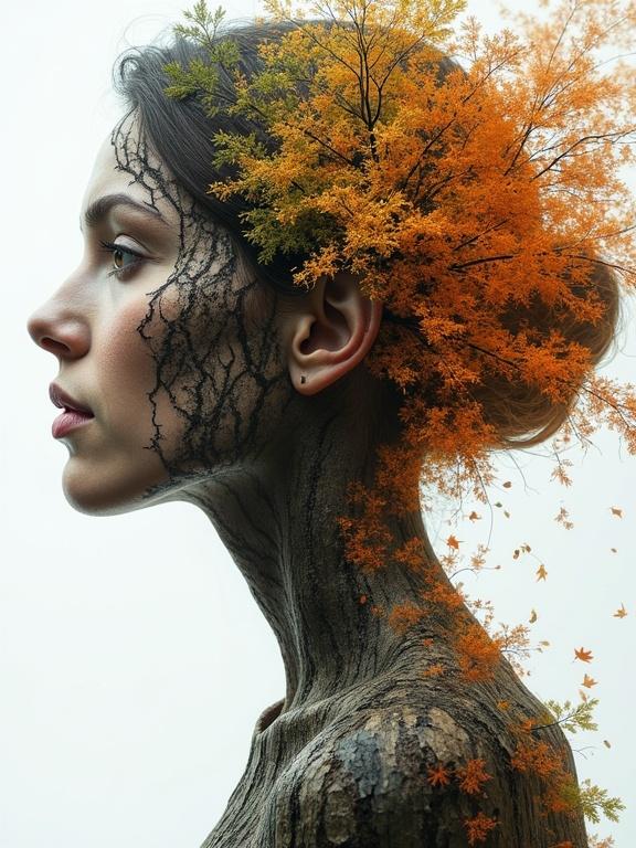 Hyper-realistic double exposure of a female figure resembling oak with peeling wood layers. Each layer represents a season showcasing spring summer autumn winter. The tree elements blend seamlessly with the human form creating a stunning visual effect. Emphasis on texture of bark and vivid seasonal characteristics. Captures essence of life cycle and time through art.