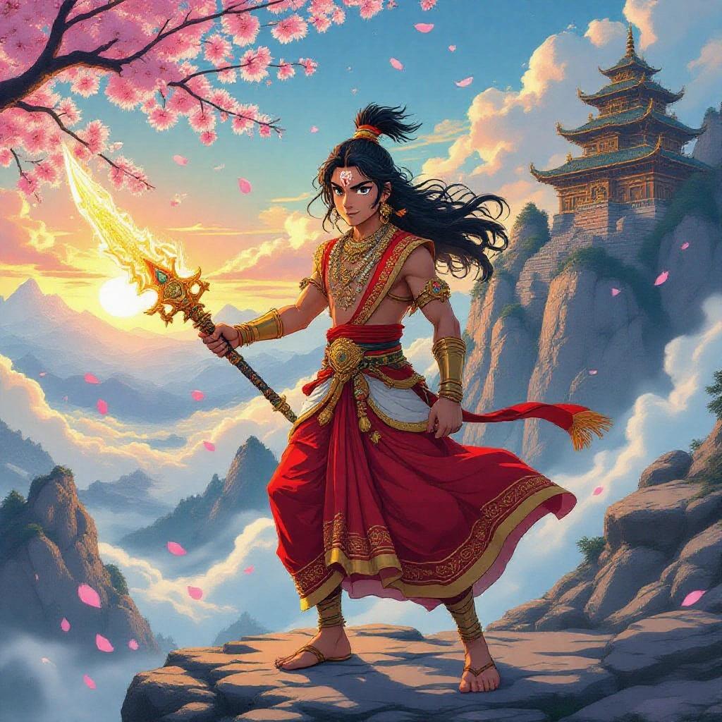 A vibrant anime-style scene from an Indian fantasy series featuring a young Indian warrior prince. He is in traditional royal attire with a gold-embroidered red dhoti. He holds a glowing ancient weapon while standing atop a misty Himalayan cliff at sunrise. Cherry blossoms drift through the air. A majestic temple carved into the mountains is visible in the background. The scene has epic cinematic lighting, expressive anime eyes, dynamic hair flow, intricate jewelry, and sacred markings on his forehead. It is a blend of Studio Ghibli artistry and Indian mythology with cinematic depth of field and rich colors.