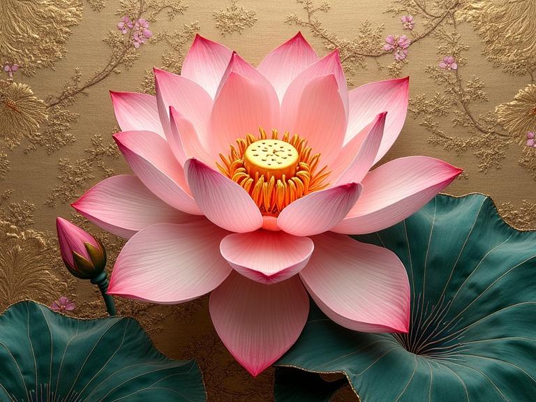 A meticulously handcrafted Chinese Silk embroidery of a lotus flower with intricate details on textured brocade backdrop.