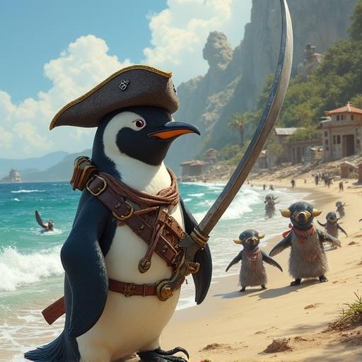 A pirate penguin with full gear is angrily wielding a scimitar by the beach. It faces a mob of little pirate penguins in gear. Baby octopuses are on the beach sand. In the background are ruins and huts.