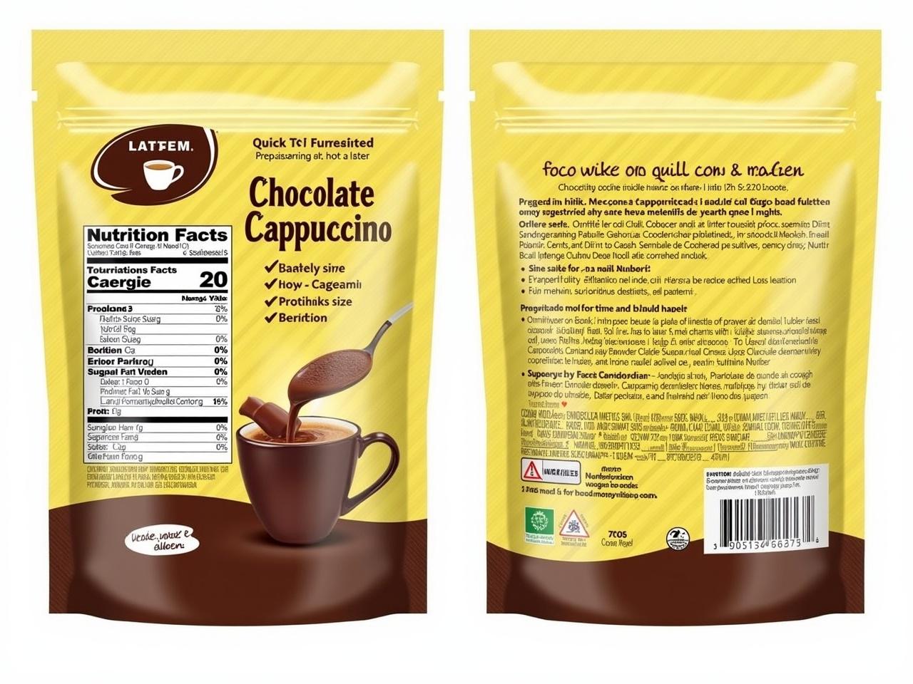 The image shows a product packaging for a chocolate cappuccino. The packaging is a mix of yellow and brown colors with a logo that features a cup of cappuccino. There is nutritional information displayed, including energy values, carbohydrates, sugars, proteins, and more. The portion size is indicated as 20 grams, which is approximately two tablespoons. The back of the package includes preparation instructions and a caution regarding allergens. This product appears to be marketed for quick preparation, suggesting it can be mixed with hot water.