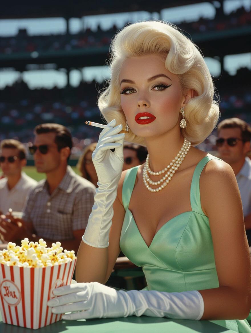 Stunning portrait of a woman from the 1960s with platinum blonde hair. She wears a light green sundress and pearl accessories. Woman holds a cigarette and sits with popcorn at a baseball game. Several spectators in the background. Flawless makeup features winged eyeliner and red lips. Rendered in a style reminiscent of Slim Aarons photographs.