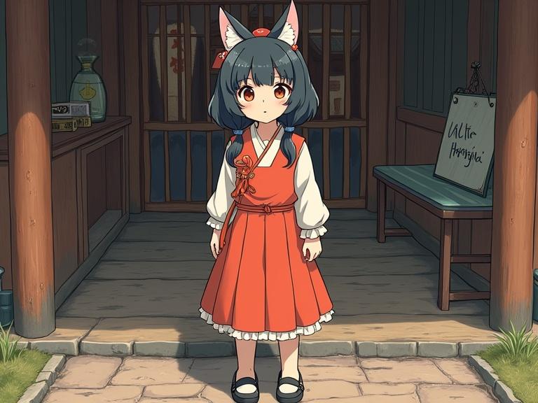 Cat-eared girl standing in front of a traditional style building. The scene combines anime aesthetics with a focus on a character in a vibrant red dress. Background features wooden details and soft ambient light.