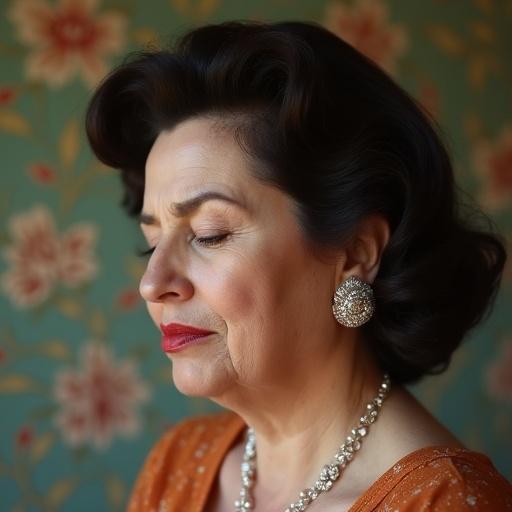 Beautiful plus-size woman in her 40s. Displaying classic 1950s hairstyle. Wearing earrings and a necklace. Closed eyes and mouth indicating a shy demeanor. Floral wallpaper behind her.