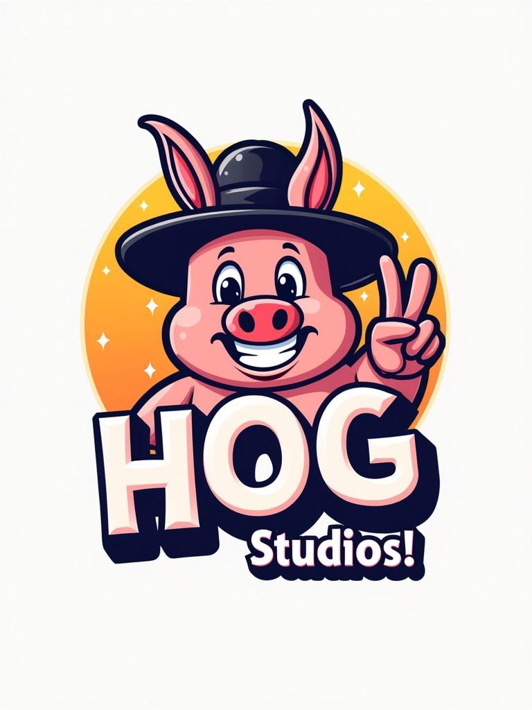 Logo design for a Roblox group. Cartoon pig character wears a hat. Character smiles and shows a peace sign. Bright background colors. Text says 'Hog Studios!'.