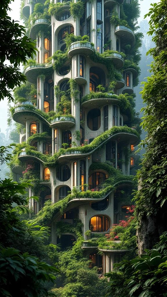 Futuristic architectural tower inspired by M.C. Escher. Tower features intricate designs and details. Abundant plant life grows throughout the structure. Surreal atmosphere created with dramatic lighting. Tower surrounded by lush greenery.