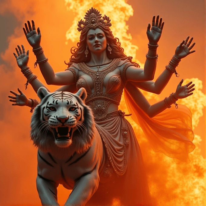 A majestic figure with multiple arms rides a fierce tiger, set against a dramatic backdrop of fiery clouds.