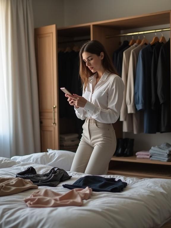 Photorealistic image of young professional woman standing in front of bed. Woman holding phone with AI stylist app. Clothes neatly spread on bed. Open wardrobe with formal and business casual outfits in background. Woman deciding what to wear.