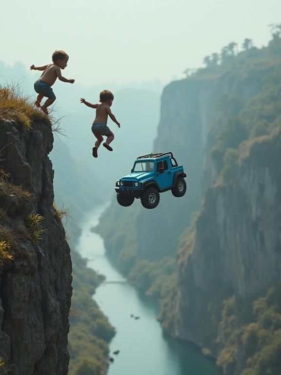 Two toddlers jump from the edge of a cliff. A blue toy car is also falling towards the river. The scene captures their adventurous spirit in a dramatic landscape.