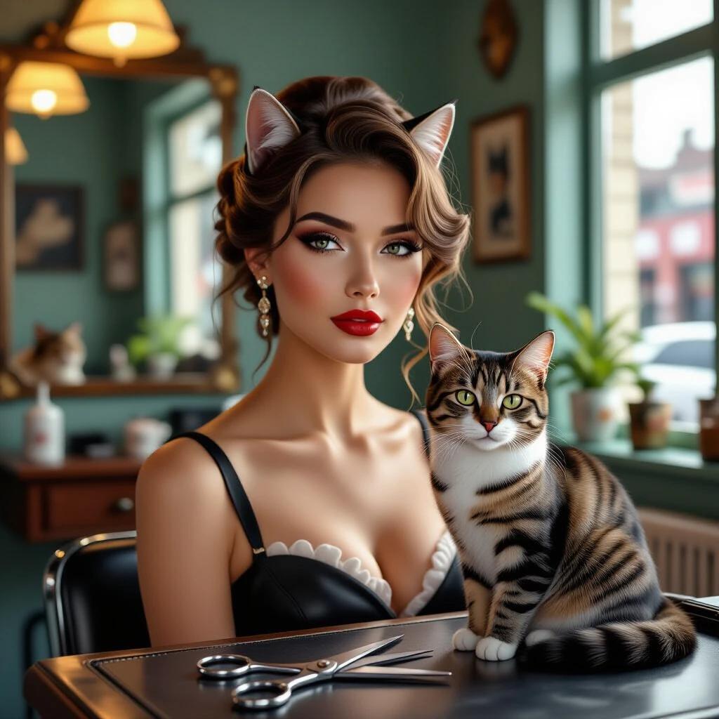 A stunningly beautiful woman poses in a cat-themed barbershop. Scene includes a vintage interior design featuring feline decorations. A cat sits on the counter beside her. Scissors and a mirror are visible in the composition. Soft natural lighting enhances the atmosphere.