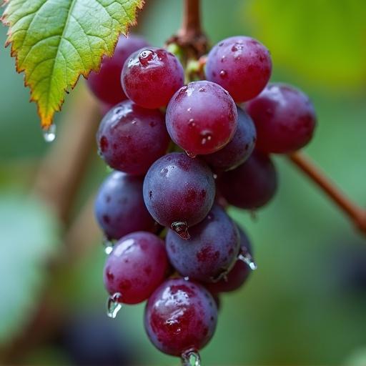 Wet purple grapes hanging with visible water droplets. The image shows a close-up of grapes that look delicious.