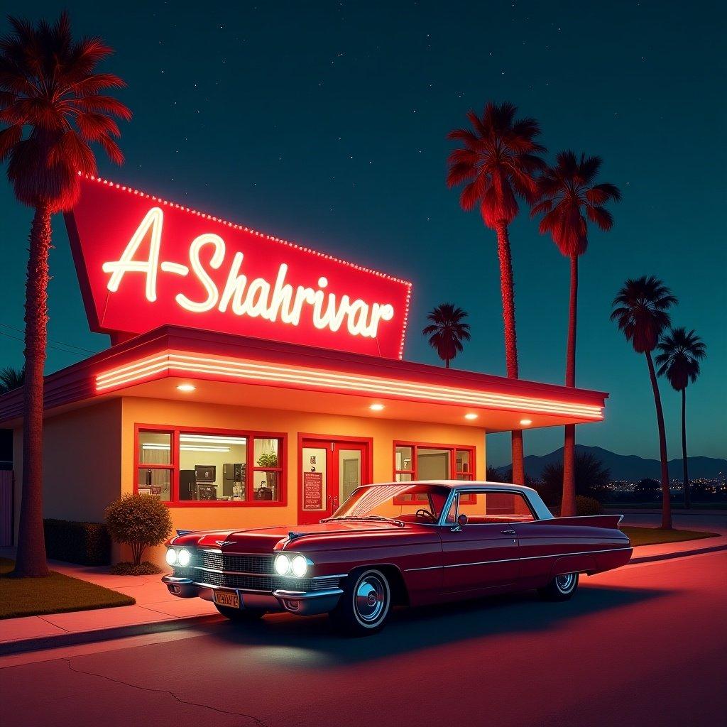 A classic motel named 'A-Shahrivar' at night with vibrant neon signs. A red vintage Cadillac is parked in front. Tall palm trees are in the background under a starry sky. The colors are red orange and soft blue creating a nostalgic atmosphere.