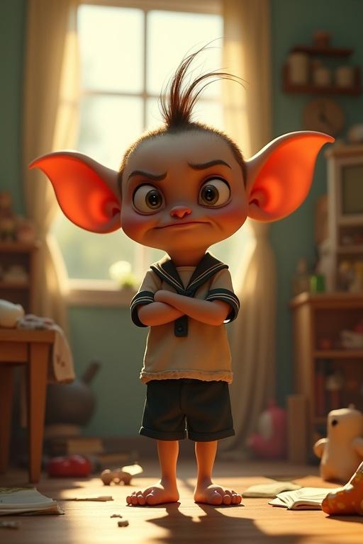 A stylized 3D cartoon humanoid creature with oversized eyes and big ears. The creature has sharp teeth and is crossing its arms while tapping a foot. The backdrop is a messy bedroom with sunlight filtering through the curtains. The creature wears a wrinkled school uniform and has an exaggeratedly grumpy expression.