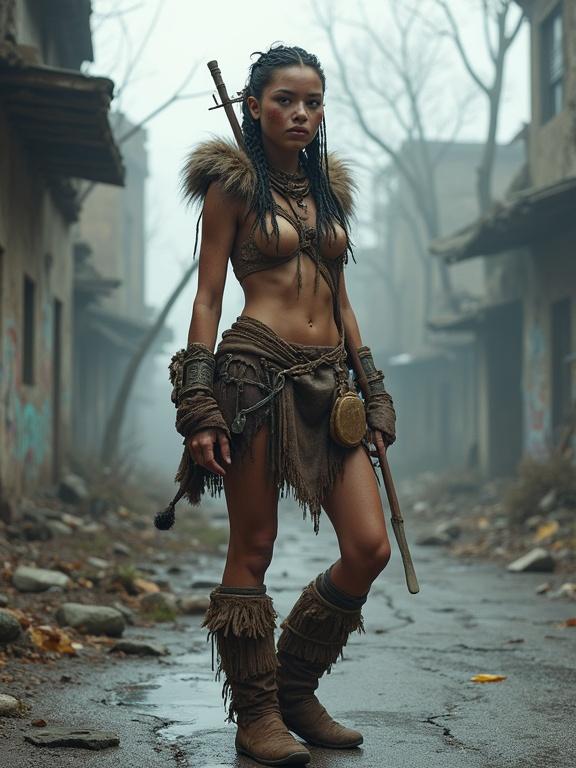 Photorealistic depiction of a tall female huntress from a neo-stone age civilization.Primitive winter clothing featuring animal hides and natural fibers.Handmade weapon with a chipped stone head and bark pouch.Standing in a misty urban landscape with overgrown vines and decayed buildings.Pale skin showing freckles and dry patches in a cold winter scene.Background includes cracked pavement and faded graffiti under a foggy sky.