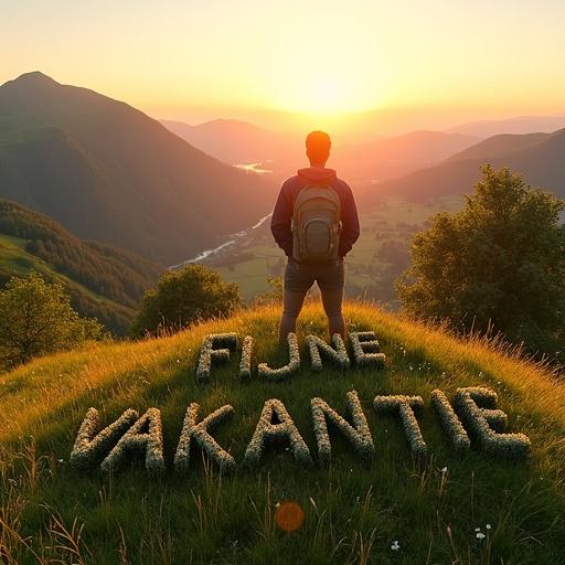 Person standing on mountain peak at sunset overlooking peaceful valley with hills lakes meadows forests grasslands. Words FIJNE VAKANTIE mowed in grass decorated with stones wildflowers glowing in warm sunset light. Calm serene atmosphere. Hyperrealistic style with detailed textures in grass trees sky. Person casually dressed like hiker traveler blending into scene. Natural summer colors and peaceful mood.